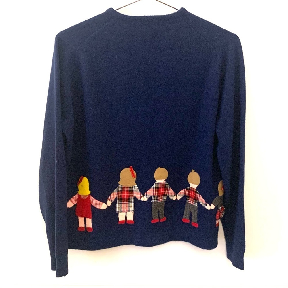 TALBOTS Vintage Knit Cardigan, Kids Applique Art Wear Cottage, navy, Red, yellow - Picture 2 of 6